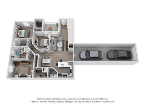 A 3D floor plan of a house with a garage.